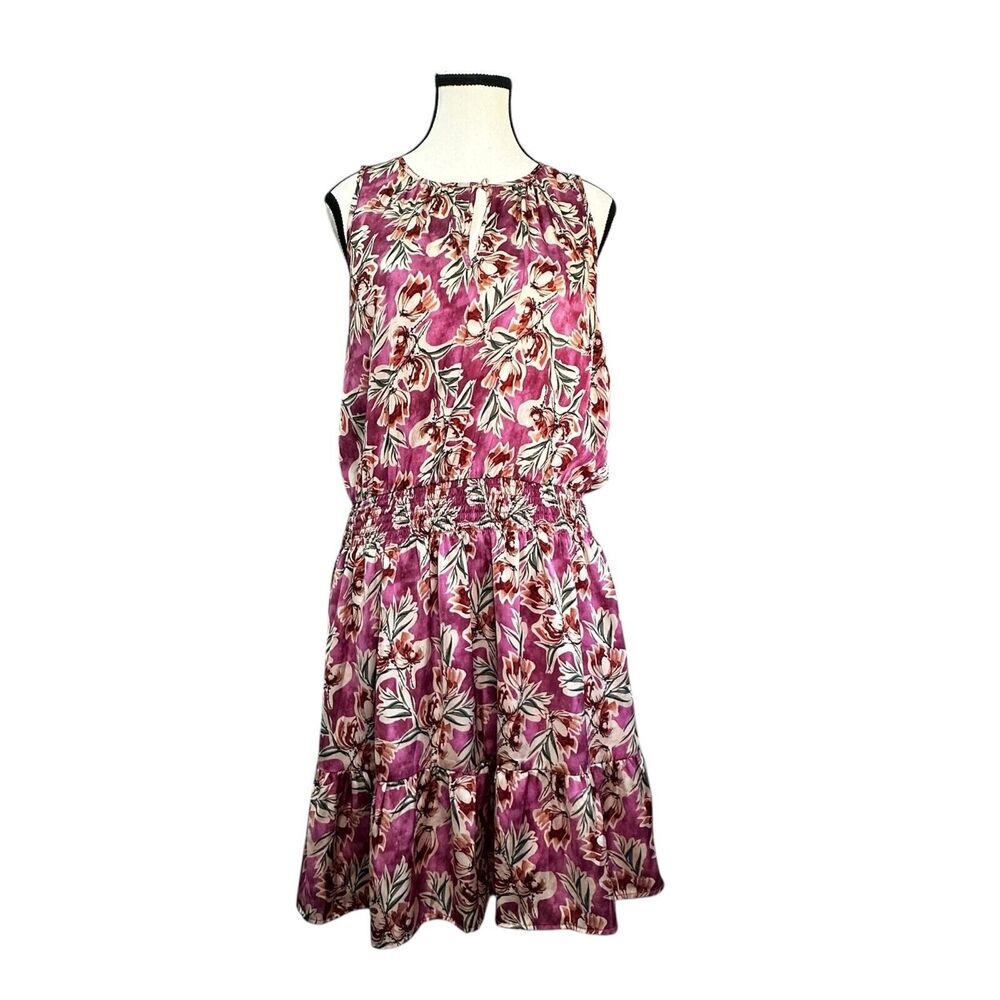 Evereve Sami Floral‎ Satin Dress Sz S/M Smocked Waist Ruffle Hem Knee Length